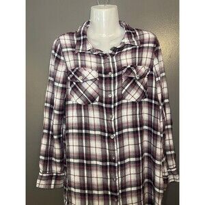 Indigo Thread Co Shirt Womens Medium Burgundy White Plaid Button Front Tunic